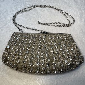 Nordstrom Clutch evening beaded Bag with drop in chain silver